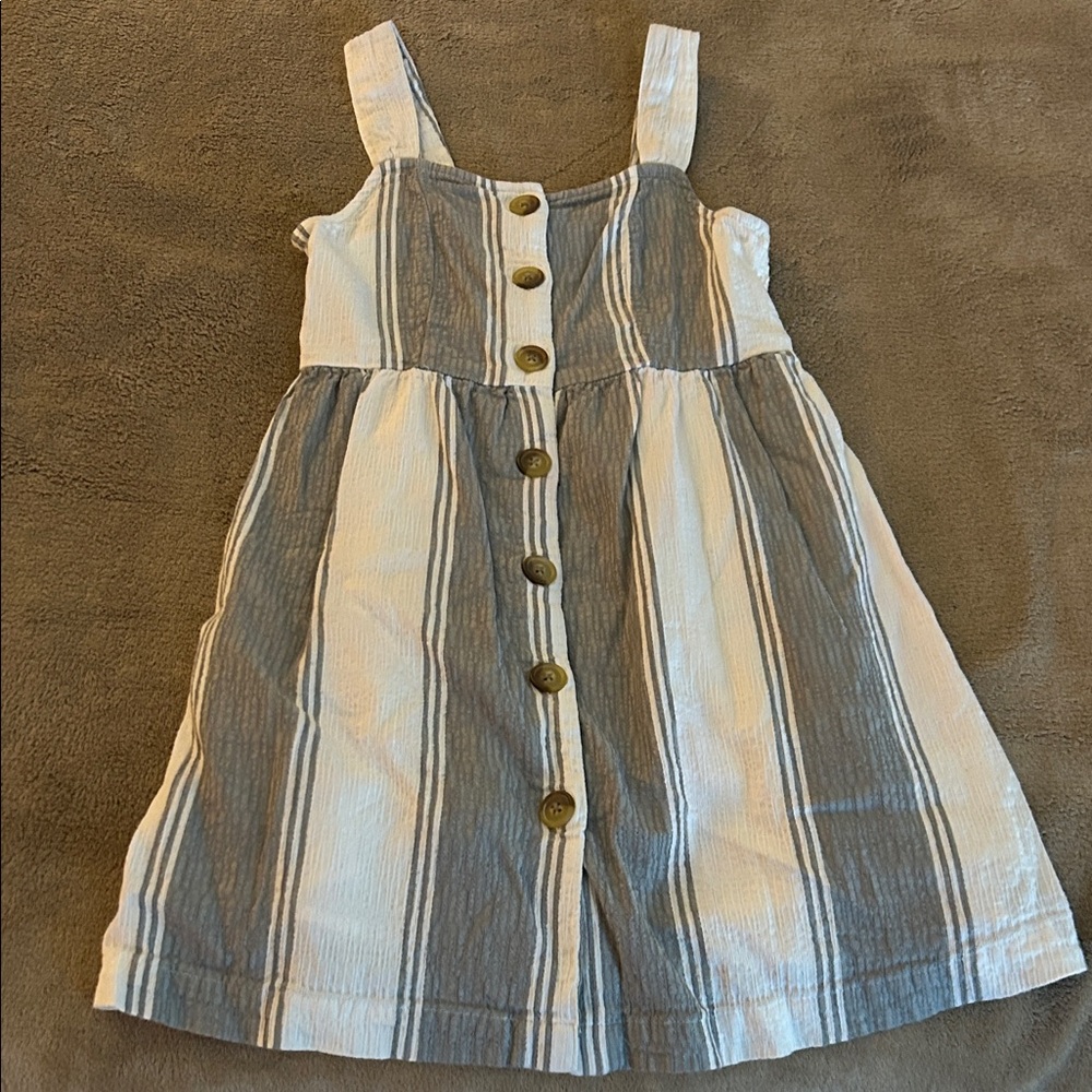 SO Striped Kids Dress with Button Front in Gray and Cream